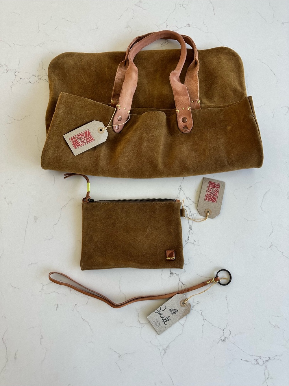 Suede Tote Bag with Wristlet Pouch - Brown